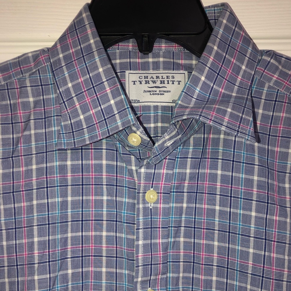Charles Tyrwhitt Mens blue pink plaid button down shirt size 17 37‎ high low